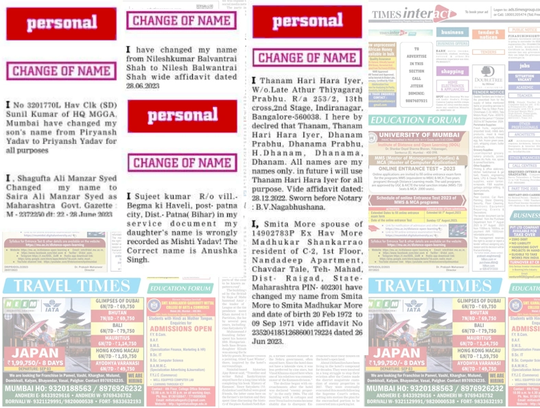 sample name change ads in Mumbai Newspaper